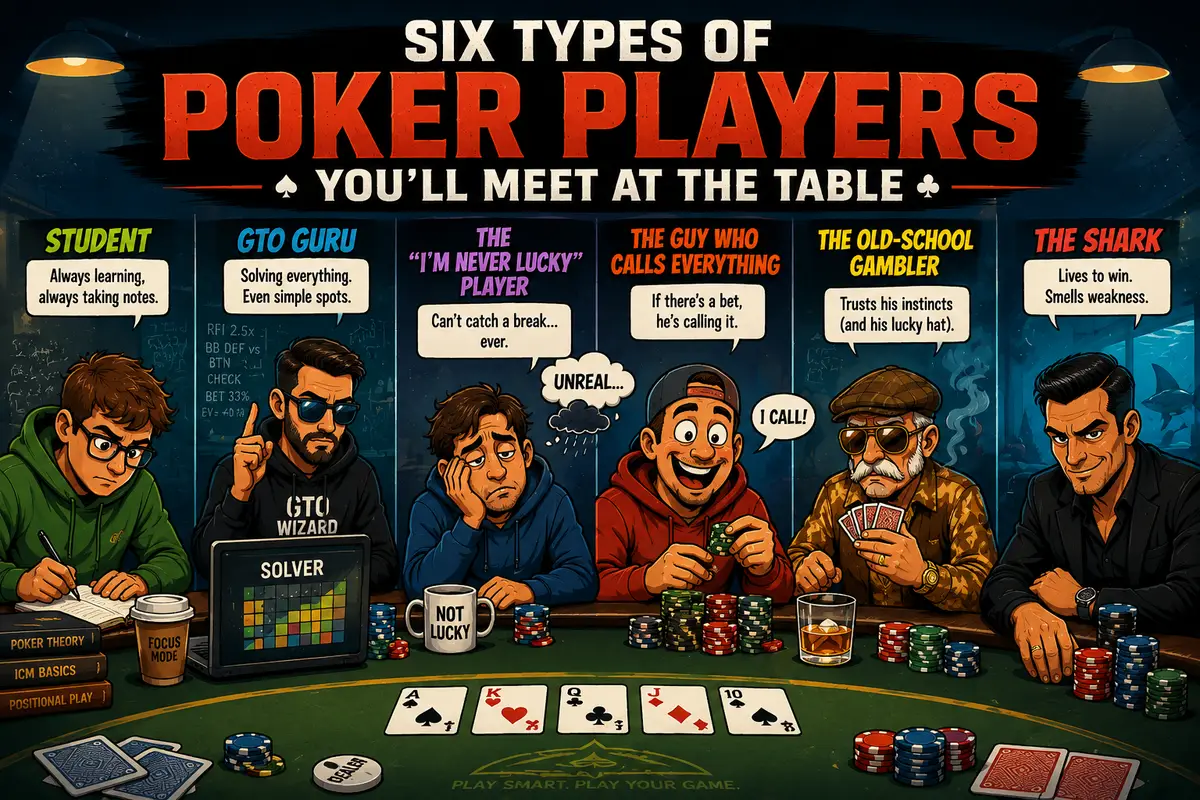 Cartoon poker table with the six player types side by side, each labelled: the Student taking notes beside his theory books, the GTO Guru with a solver grid on his laptop, the gloomy “I'm never lucky” player under a rain cloud, the grinning guy who calls everything, the old-school gambler in a flat cap holding his cards, and the Shark watching in a black jacket