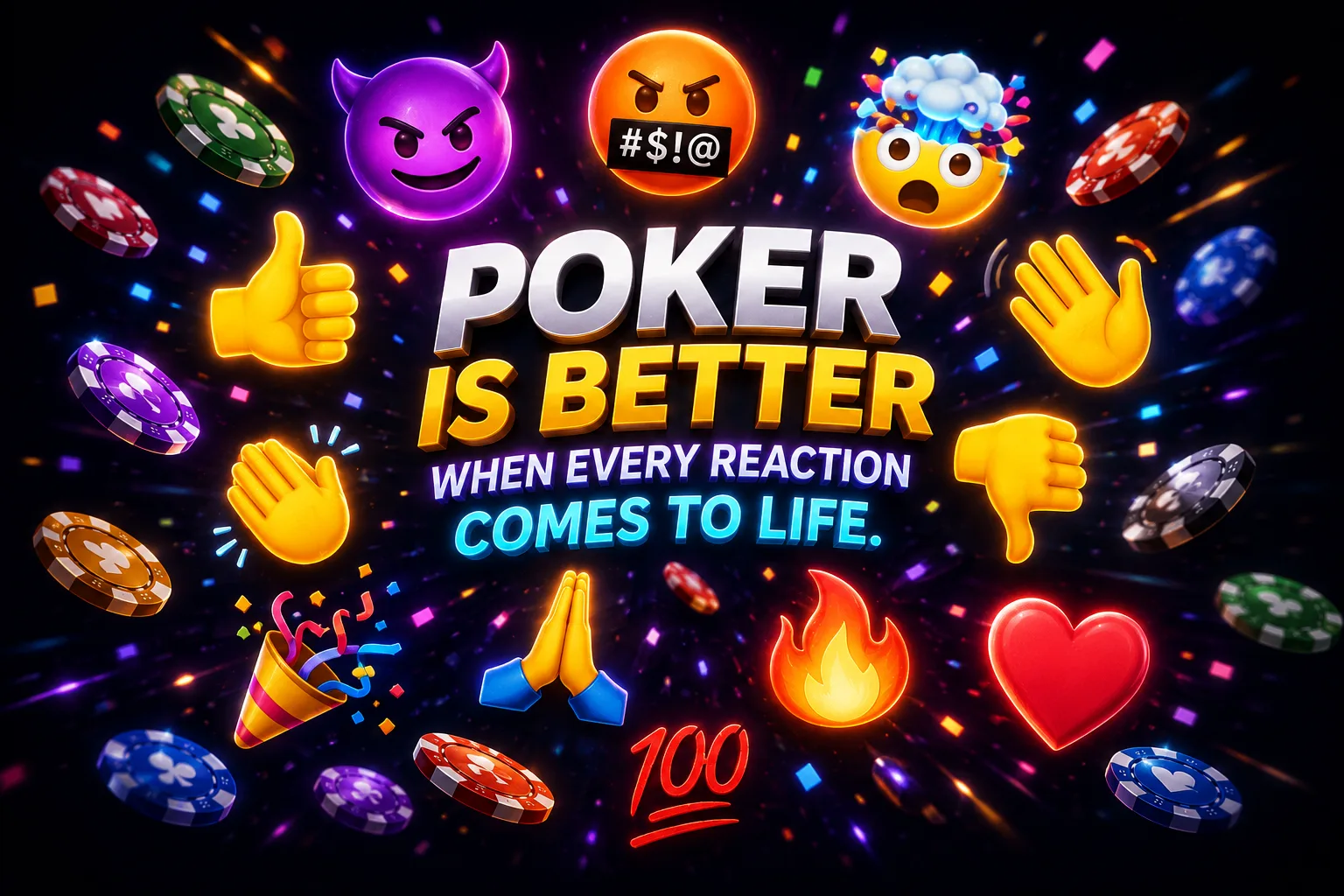 Eine Flut animierter Emoji-Reaktionen und Pokerchips um den Schriftzug „Poker ist besser, wenn jede Reaktion lebendig wird“