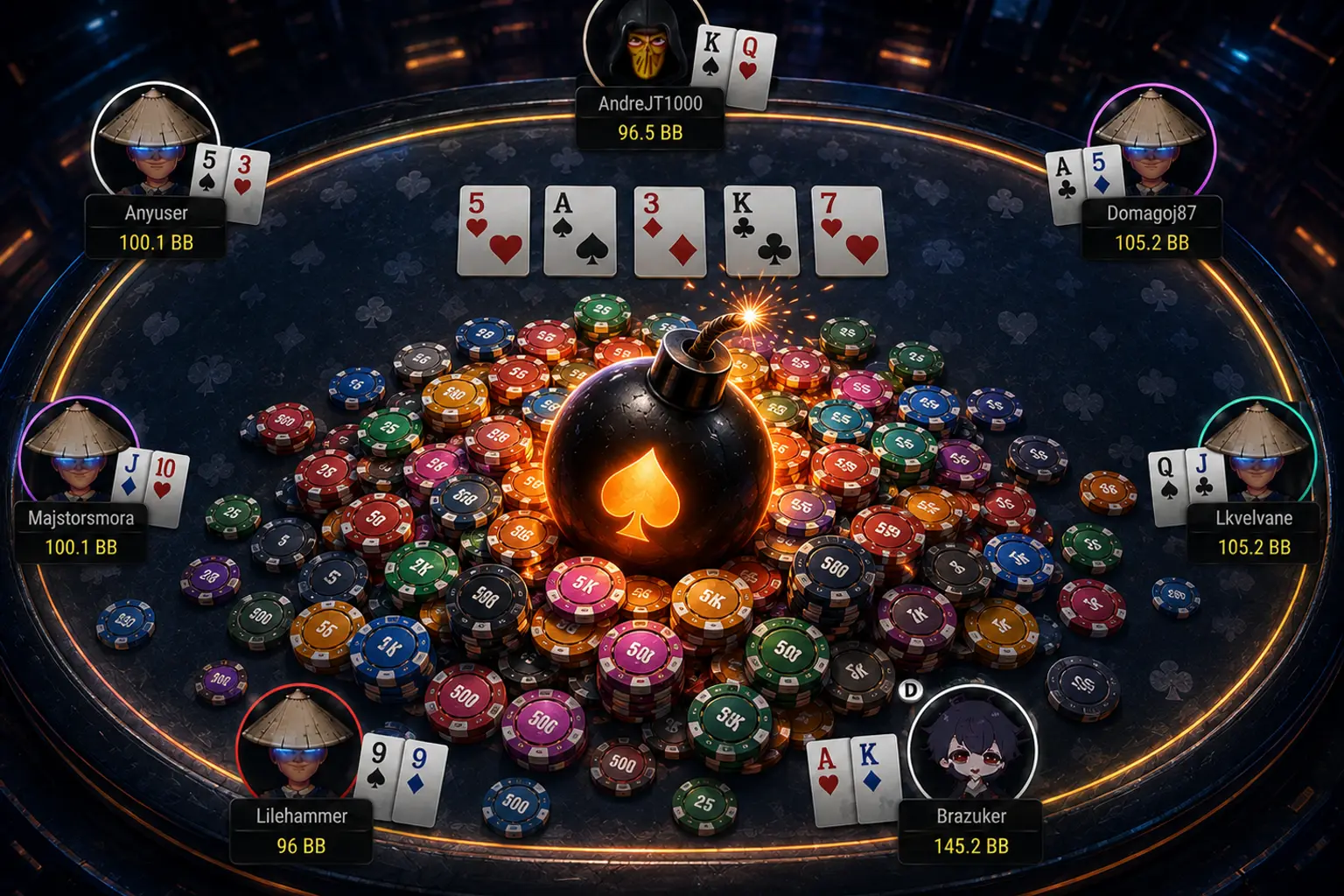 Ein Pokertisch mit hoch aufgetürmten Chips rund um eine leuchtende Bombe in der Mitte des Pots