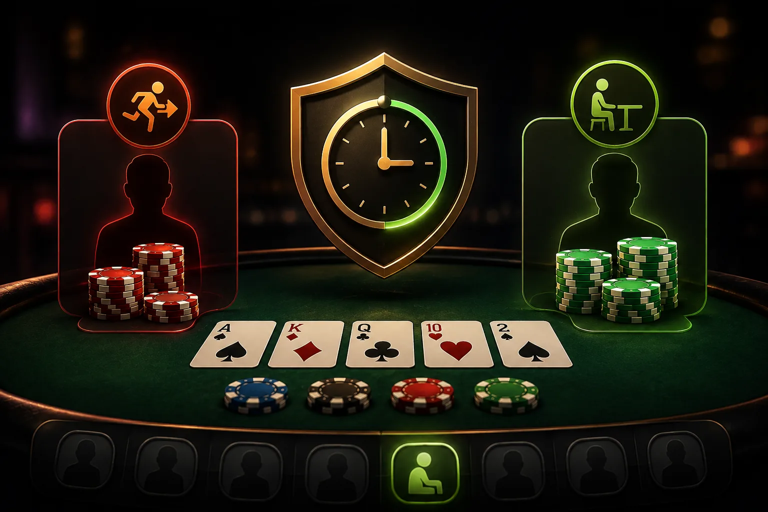 Ein Schild-mit-Uhr-Symbol zwischen zwei Spielern an einem Pokertisch, einer markiert zum Verlassen, einer sitzt weiter