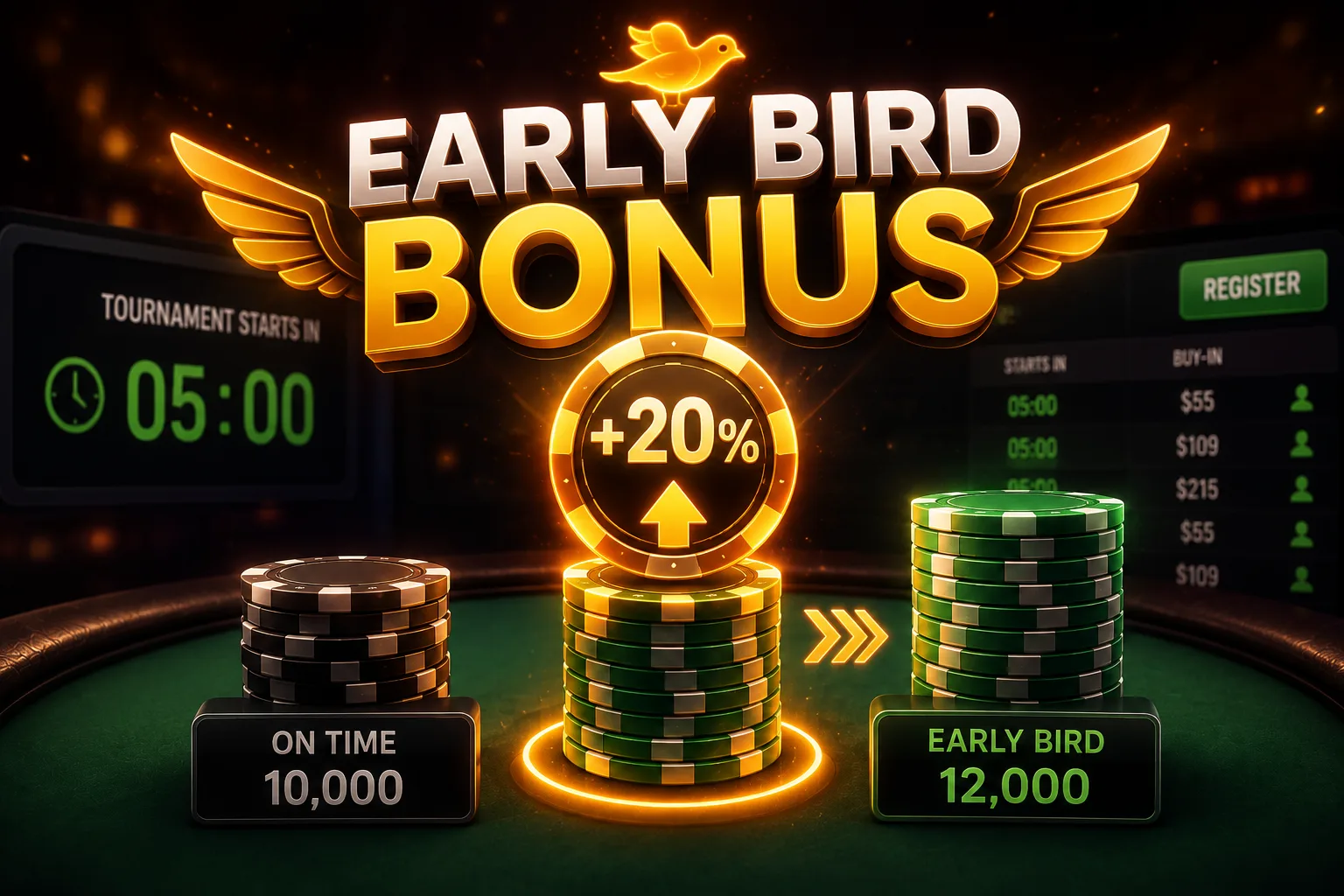 Eine „Early Bird Bonus“-Grafik, die einen größeren Startstack für Spieler zeigt, die sich vor Turnierbeginn anmelden