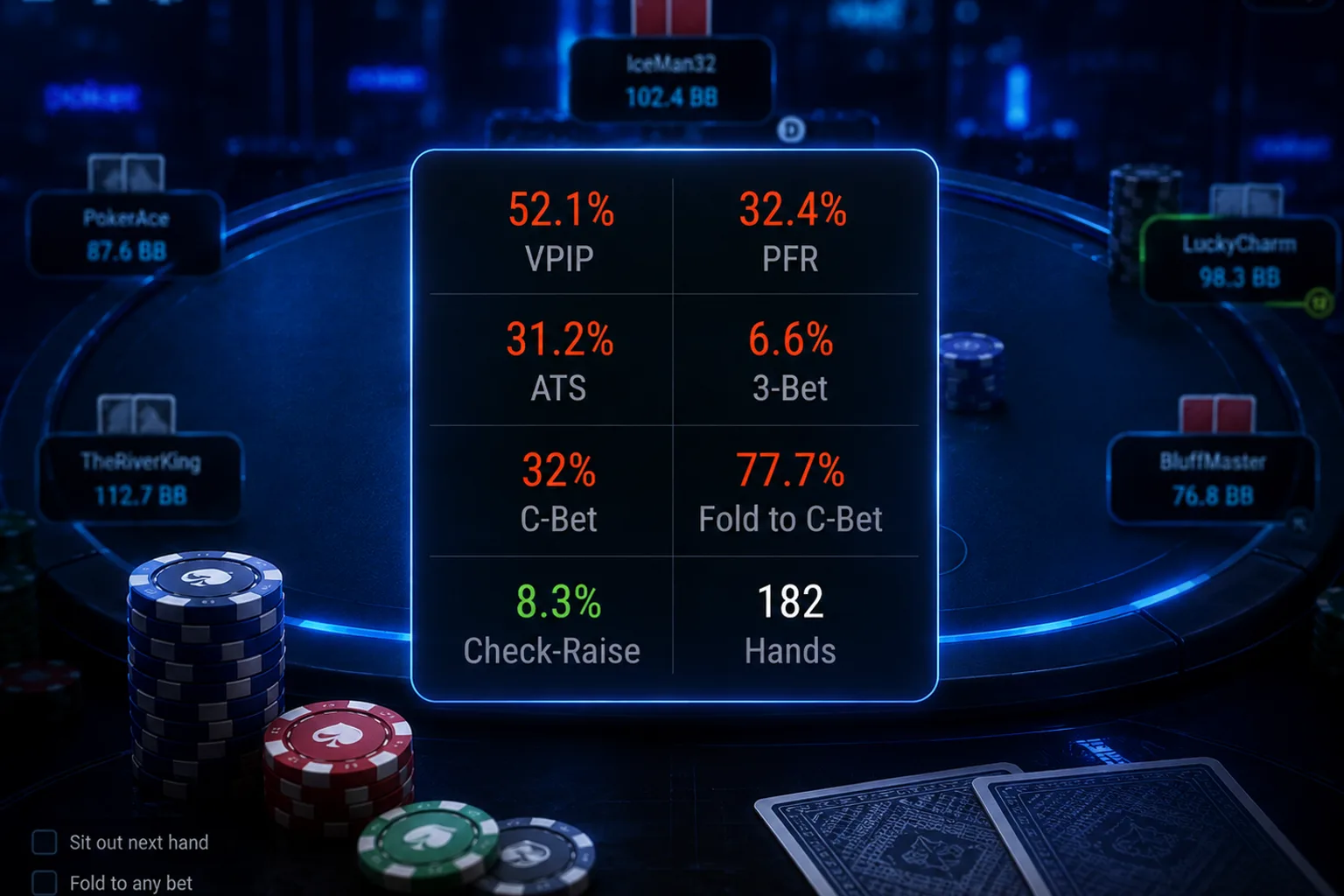 Ein HUD-Overlay mit Gegnerstatistiken – VPIP, PFR, 3-Bet und mehr – über einem Online-Pokertisch