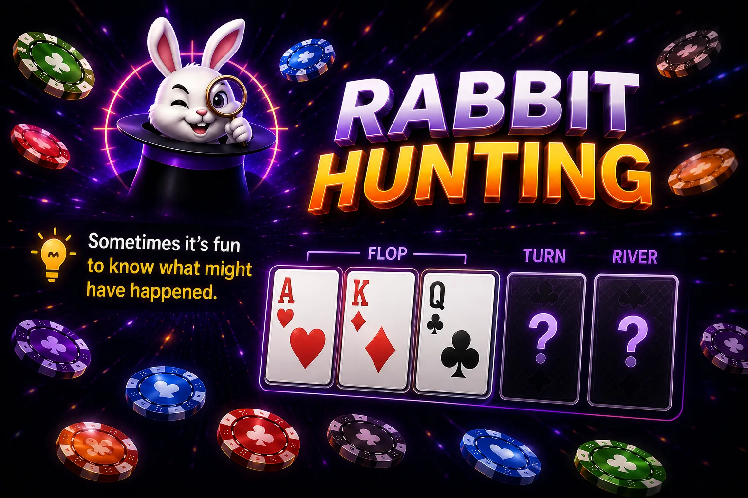 Ein animiertes Kaninchen blickt durch eine Lupe neben einem Pokertisch mit dem Flop, während Turn und River noch verdeckt sind