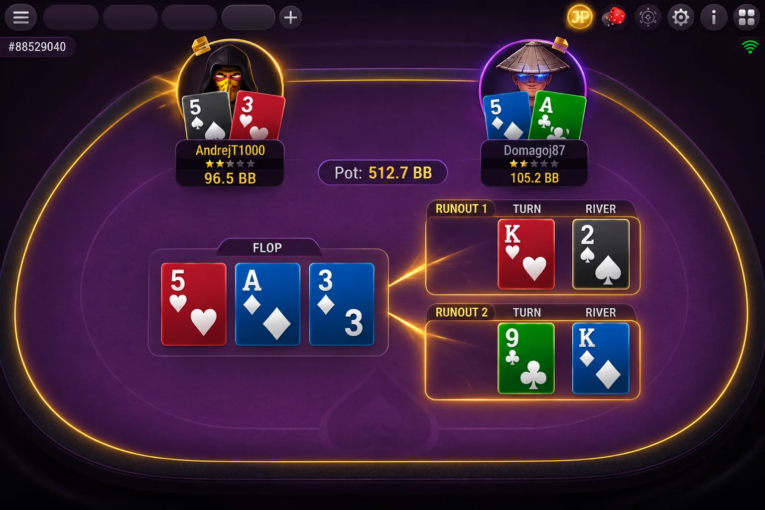 Ein Online-Pokertisch mit zwei separaten, nebeneinander ausgespielten Board-Runouts nach einem All-in