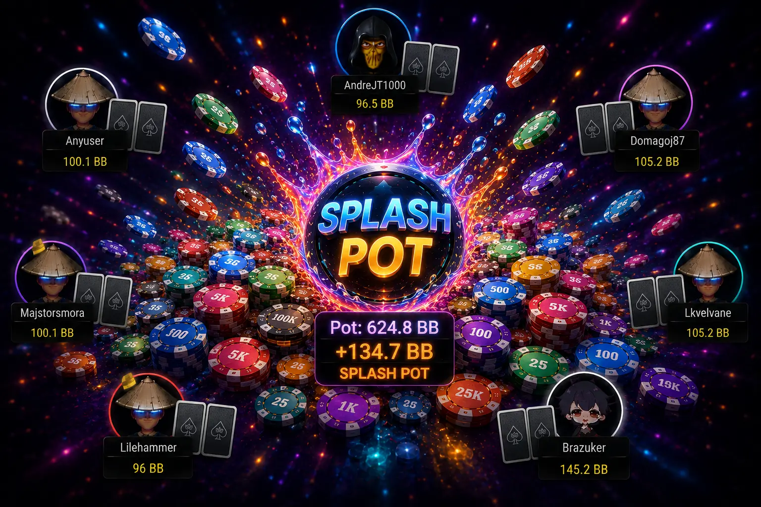 Eine Chip-Explosion und ein leuchtendes „Splash Pot“-Logo über einem Online-Pokertisch