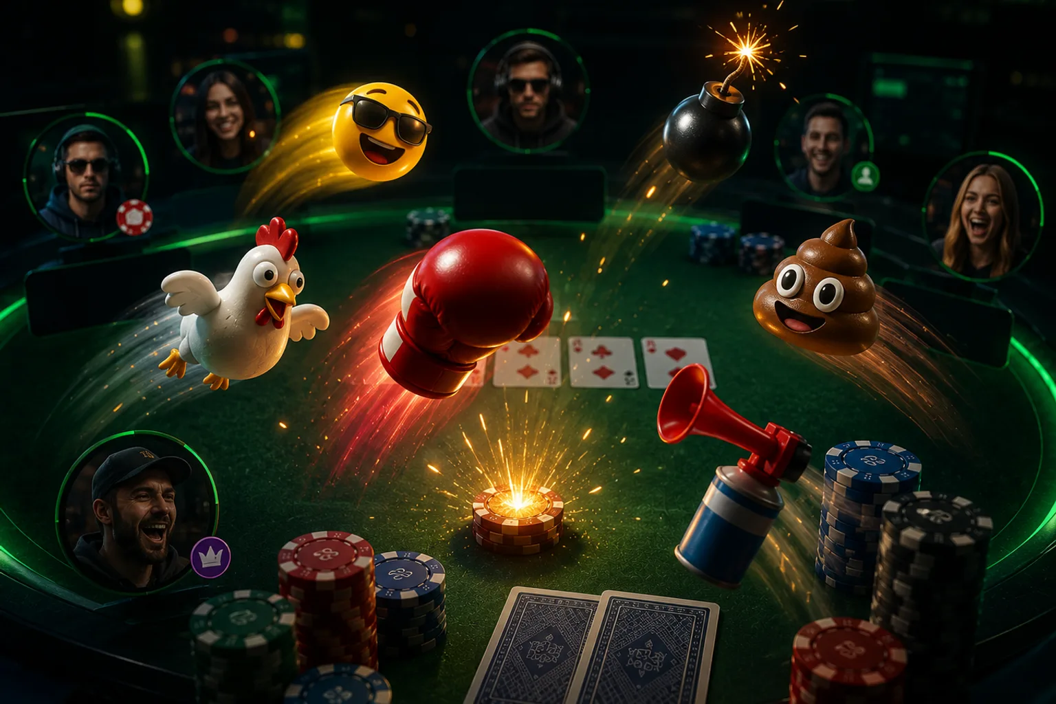 Animierte Throwables – ein Huhn, ein Boxhandschuh, eine Tröte und ein Emoji – fliegen über einen Online-Pokertisch