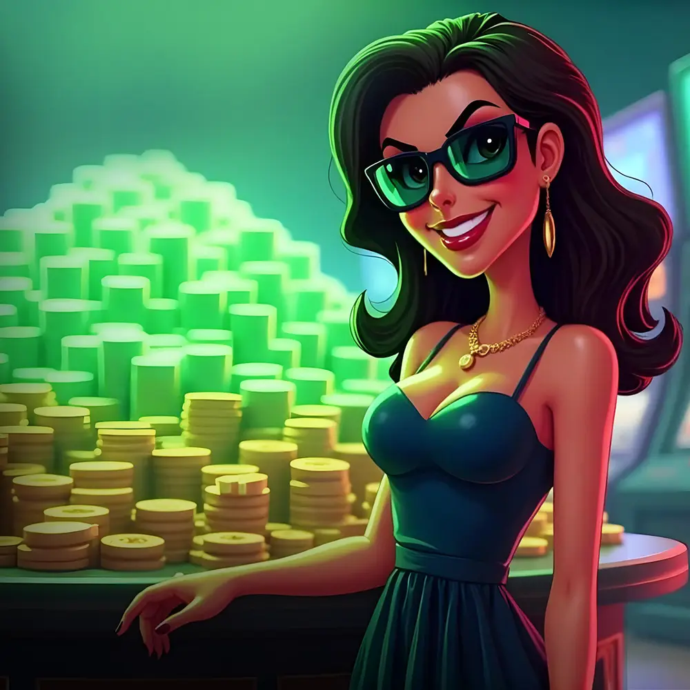 Ein illustrierter Spieler mit Sonnenbrille steht neben einem turmhohen Stapel grüner und goldener Chips