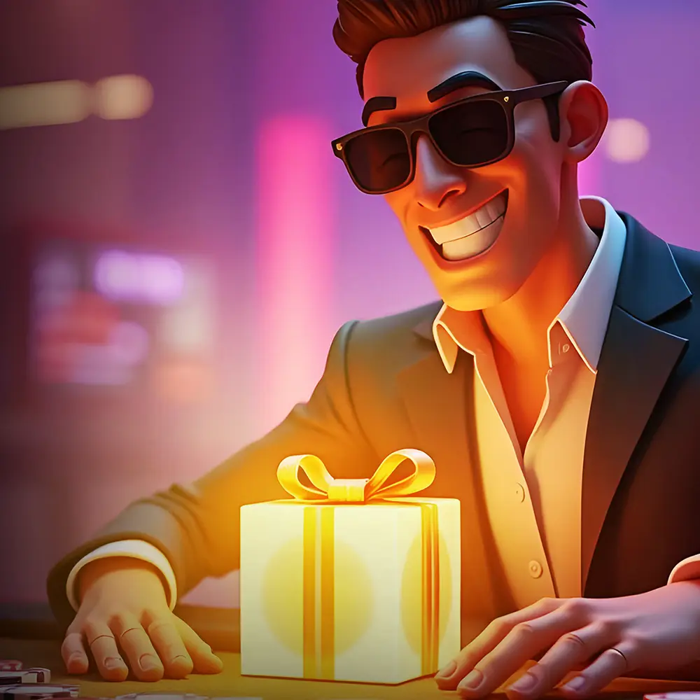 Ein illustrierter Spieler in Anzug und Sonnenbrille grinst, während er eine goldbeschleifte Geschenkbox über den Tisch schiebt