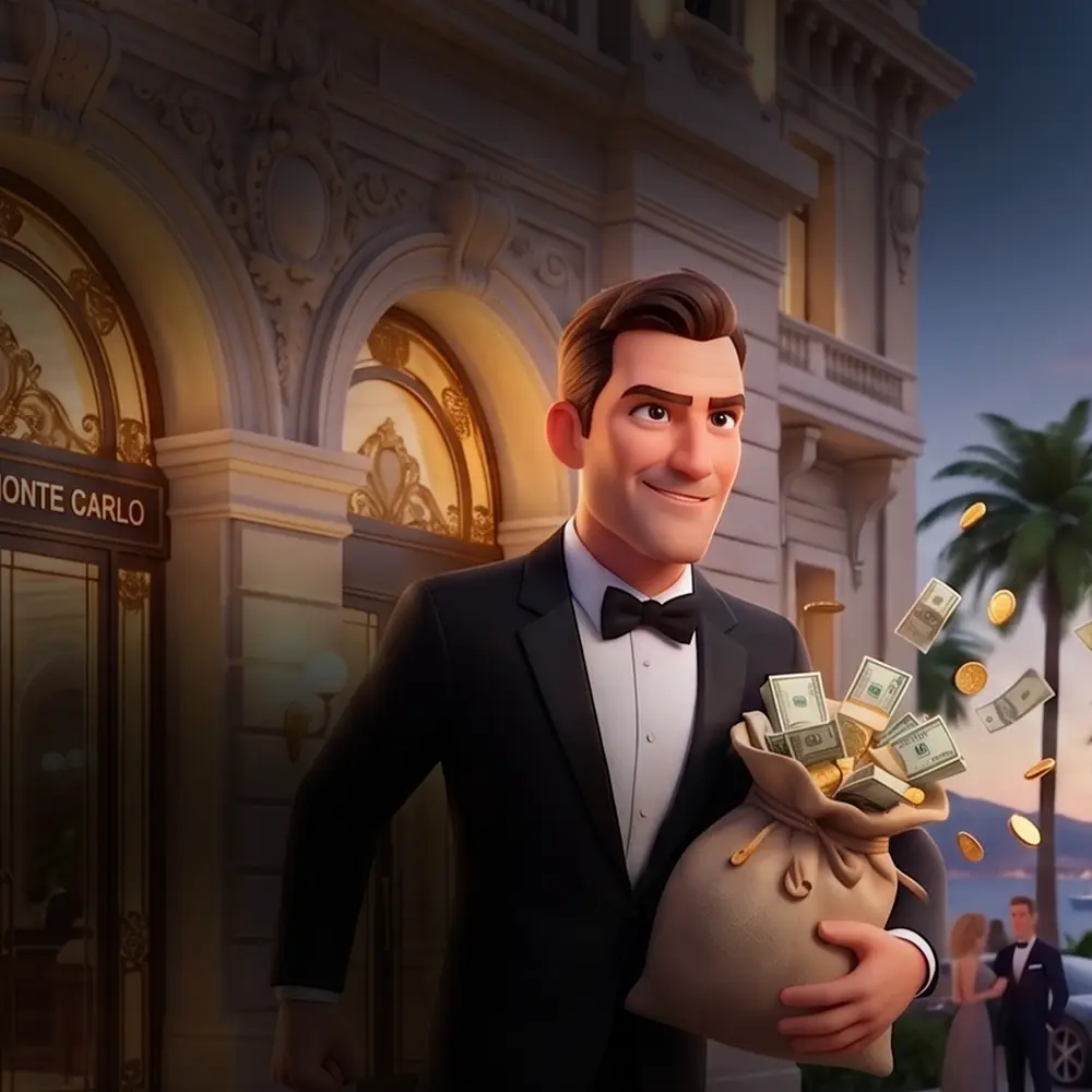 Ein illustrierter Spieler im Smoking trägt einen Geldsack aus dem Casino von Monte Carlo