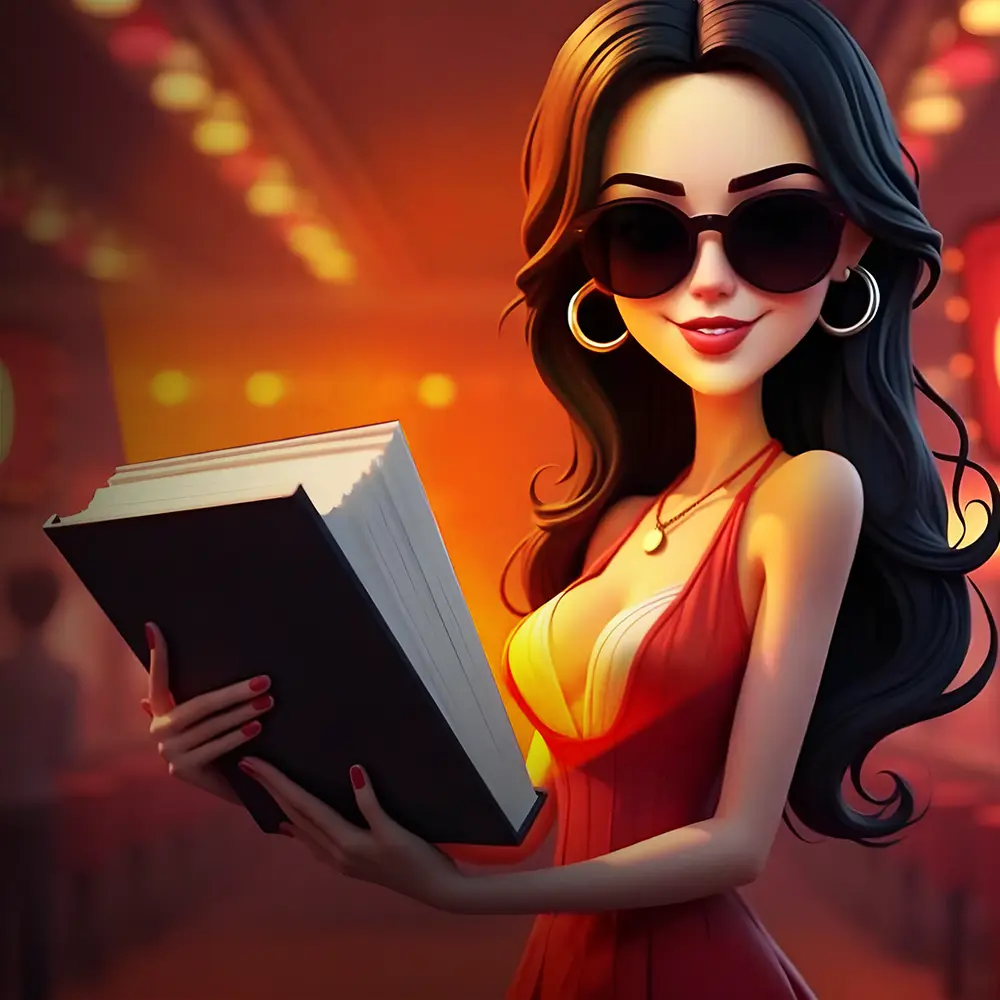 Ein illustrierter Spieler mit Sonnenbrille hält ein großes Buch aufgeschlagen unter den Lichtern eines Kartenraums