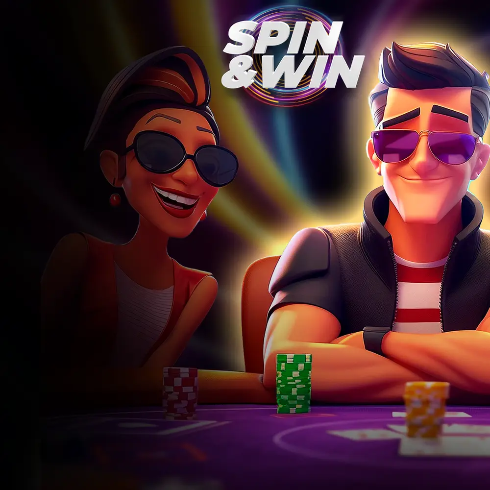 Zwei illustrierte Spieler an einem Pokertisch unter einem Spin & Win-Logo