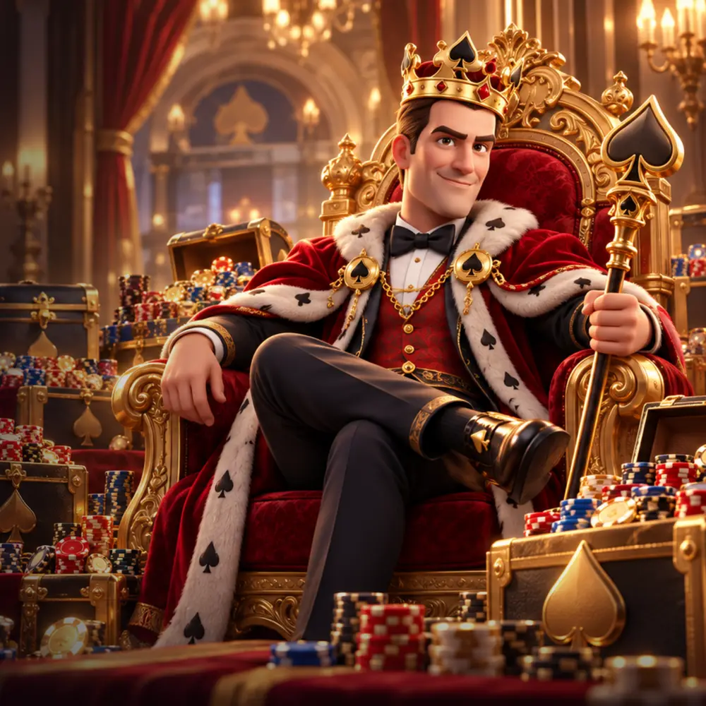 An illustrated king in a crown and ermine robe lounging on a gold throne, holding a spade-topped sceptre among chests of poker chips