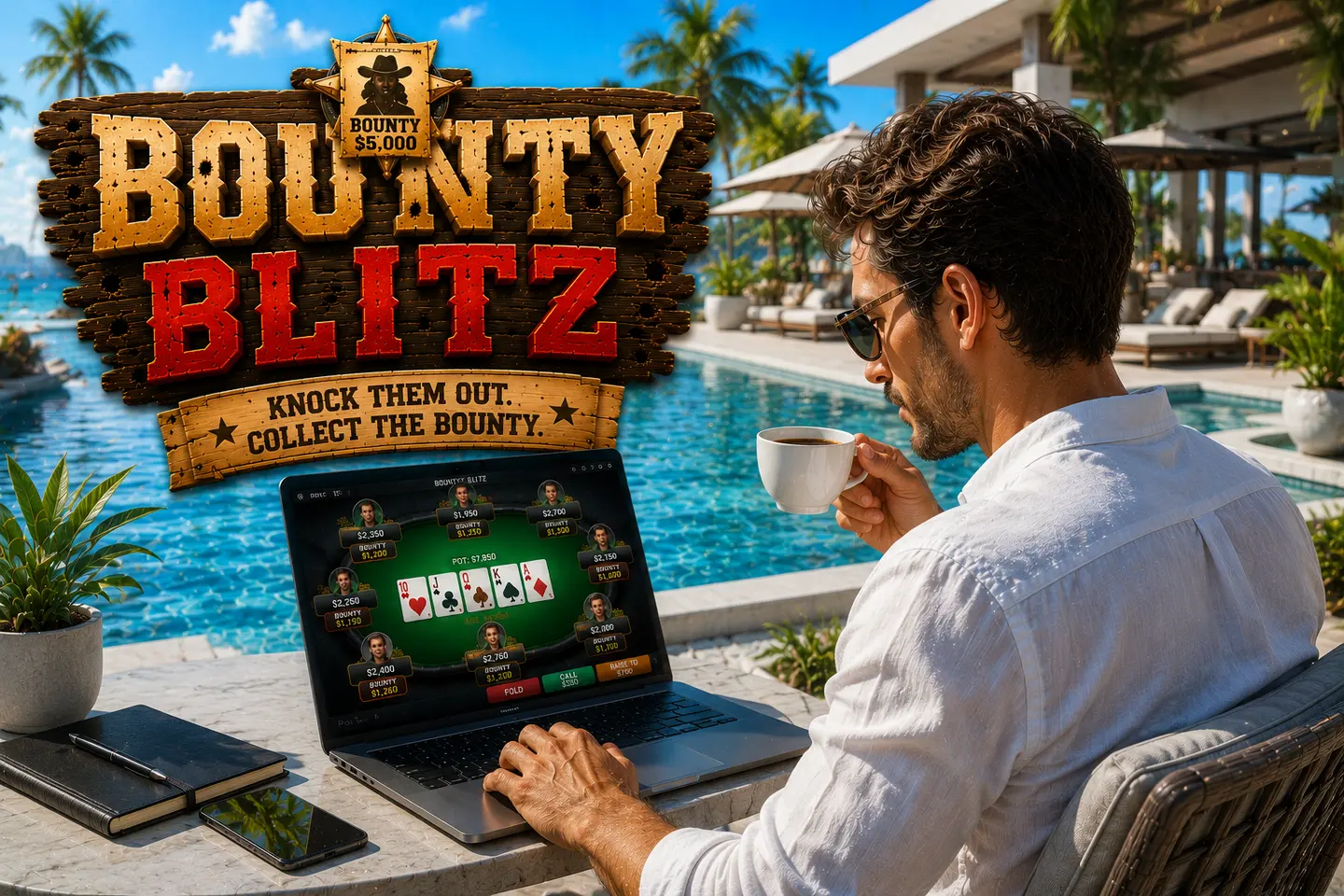 Bounty Blitz poster: a man sips coffee poolside while playing a bounty poker tournament on his laptop, a bounty badge above the logo, tagline 'Knock them out. Collect the bounty.'