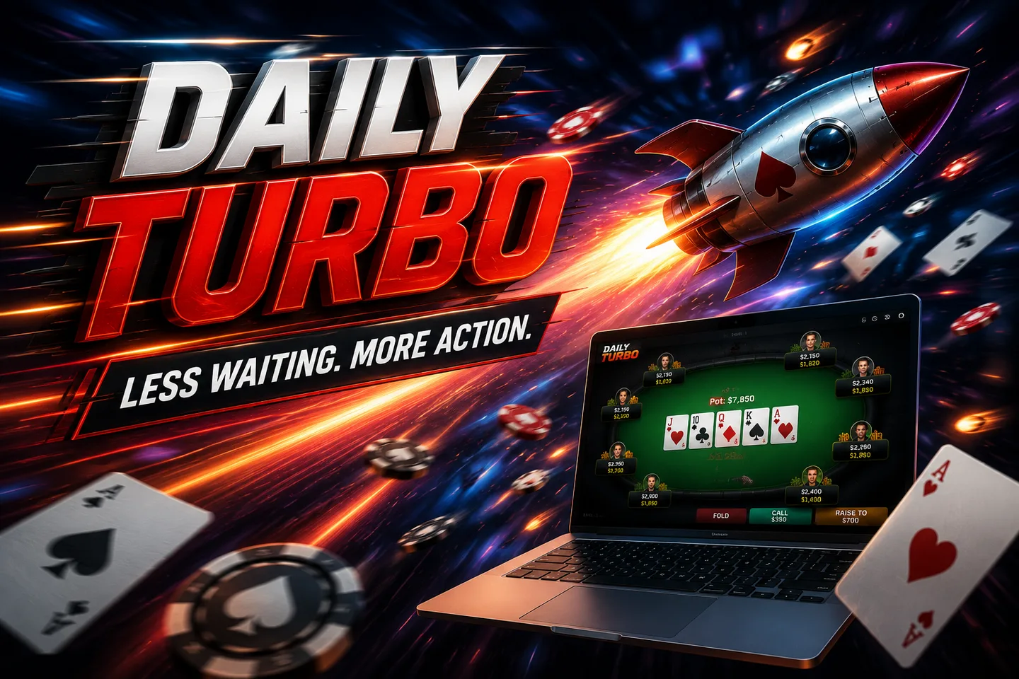 Daily Turbo poster: a rocket blasts past a laptop showing a fast-paced poker table amid streaking light trails, tagline 'Less waiting. More action.'
