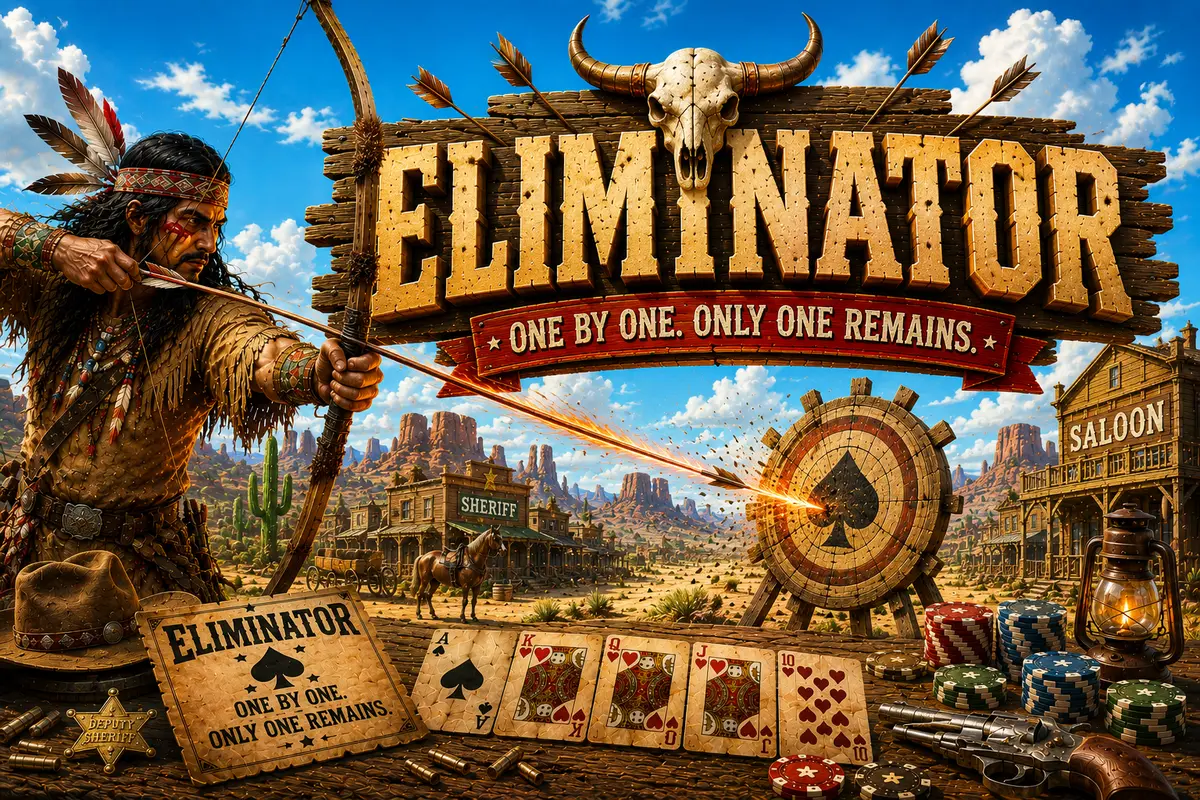 Eliminator poster: a Wild West archer fires a flaming arrow into a spade-marked target beside a poker table in a frontier town, banner reading 'One by one. Only one remains.'