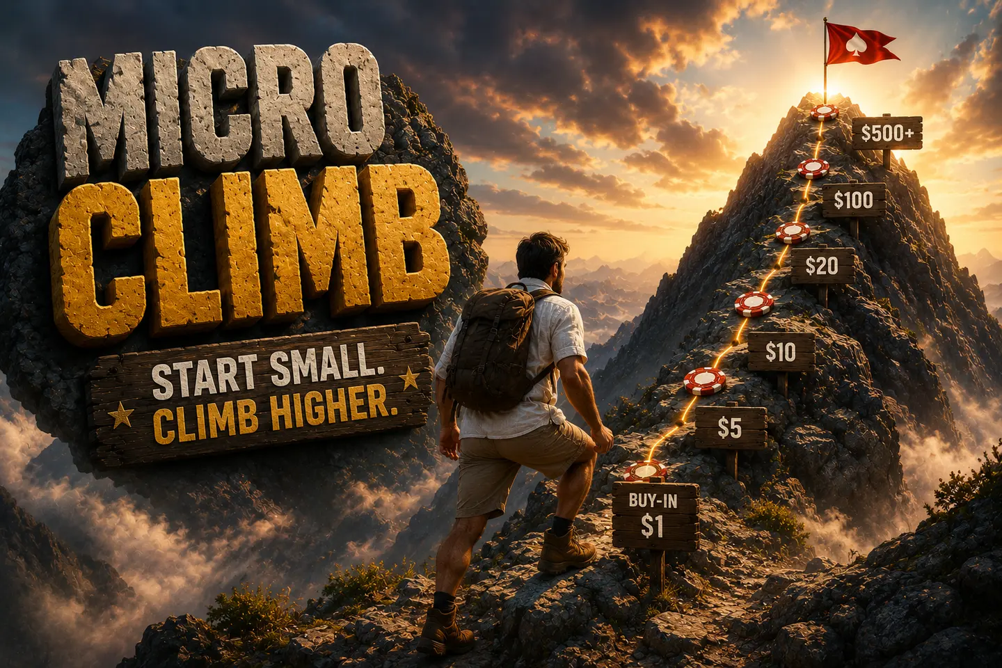 Micro Climb poster: a hiker climbs a mountain trail marked with rising buy-in signposts toward a spade flag at the summit, tagline 'Start small. Climb higher.'