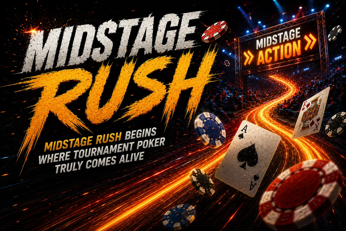 MidStage Rush poster: playing cards and poker chips streak like comets down a glowing arena walkway toward a crowd, tagline 'MidStage Rush begins where tournament poker truly comes alive'