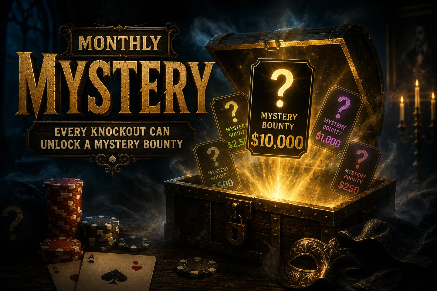 Monthly Mystery poster: a treasure chest bursts open with glowing mystery-bounty tickets, banner reading 'Every knockout can unlock a mystery bounty'