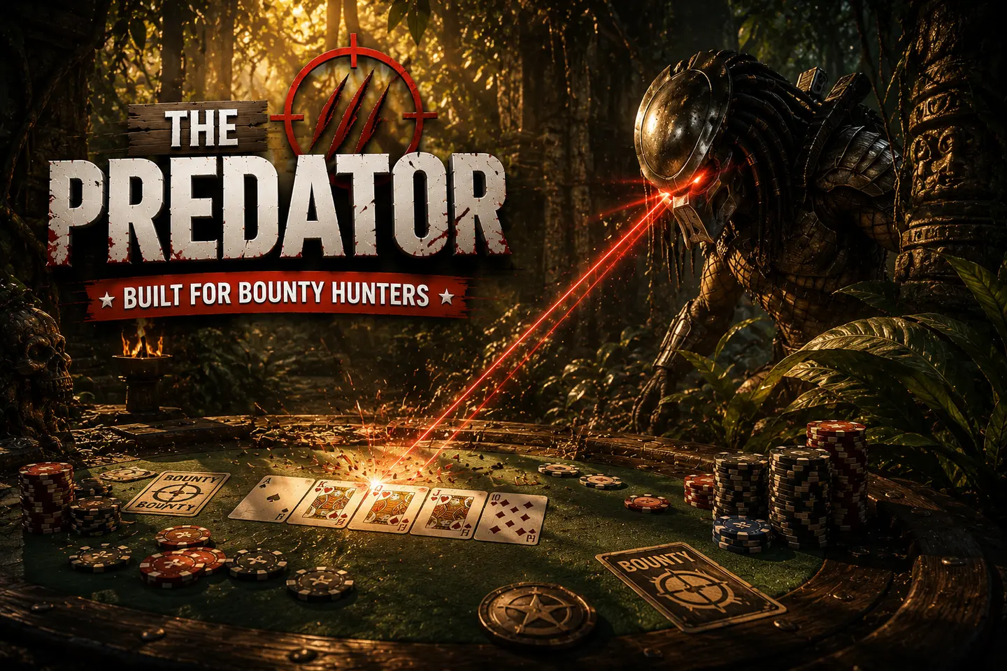The Predator poster: a Predator-style hunter with glowing red laser sights takes aim at a jungle poker table, banner reading 'Built for bounty hunters'
