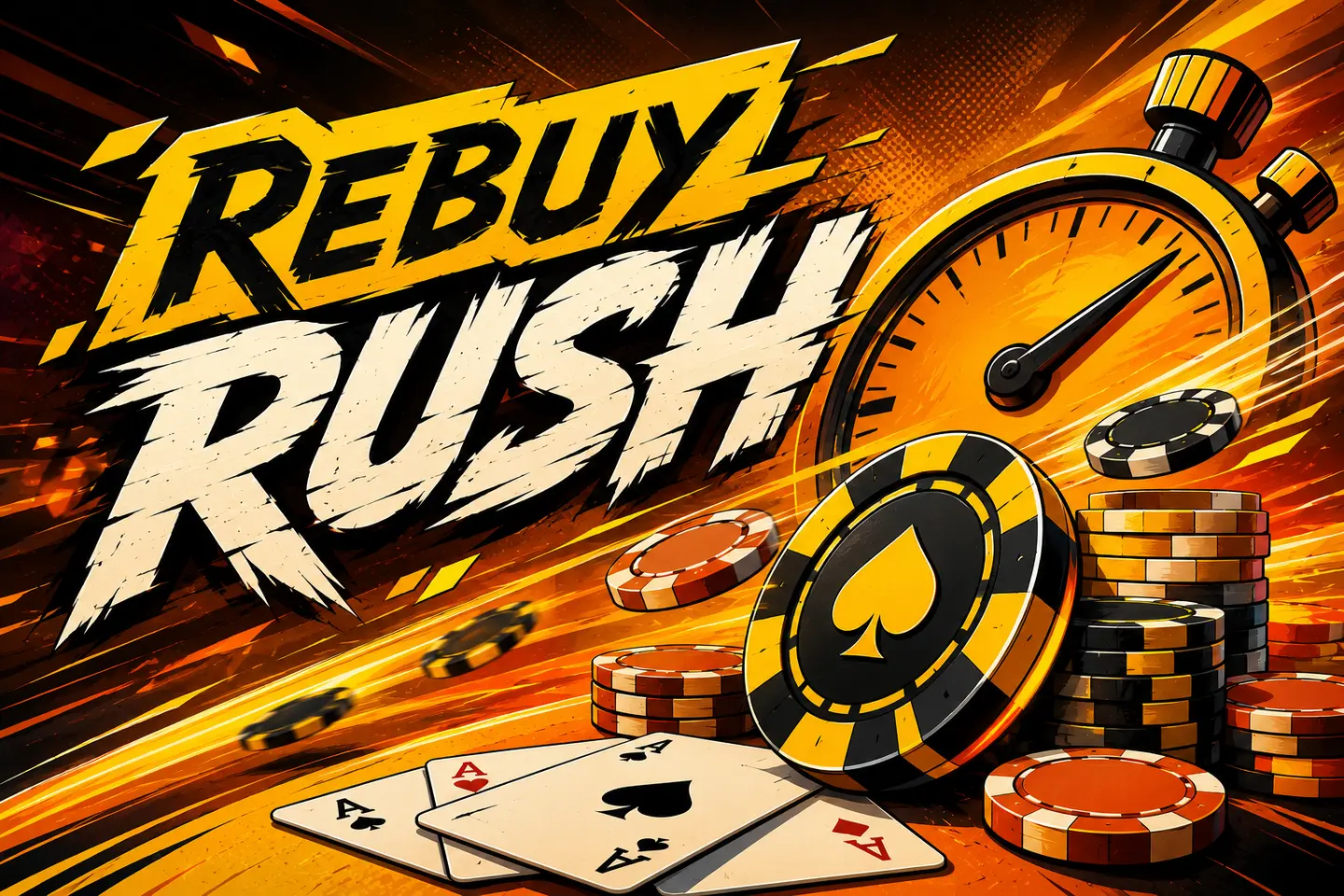 Rebuy Rush poster: a black-and-gold chip marked with a spade beside two aces and stacks of chips, a stopwatch racing in the background, bold comic-style title text 'REBUY RUSH'