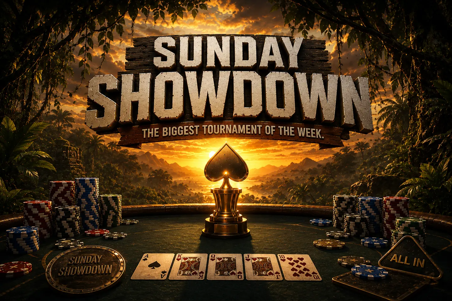 Sunday Showdown poster: a golden spade trophy glows against a jungle sunset above a poker table with chips and a winning hand, banner reading 'The biggest tournament of the week.'